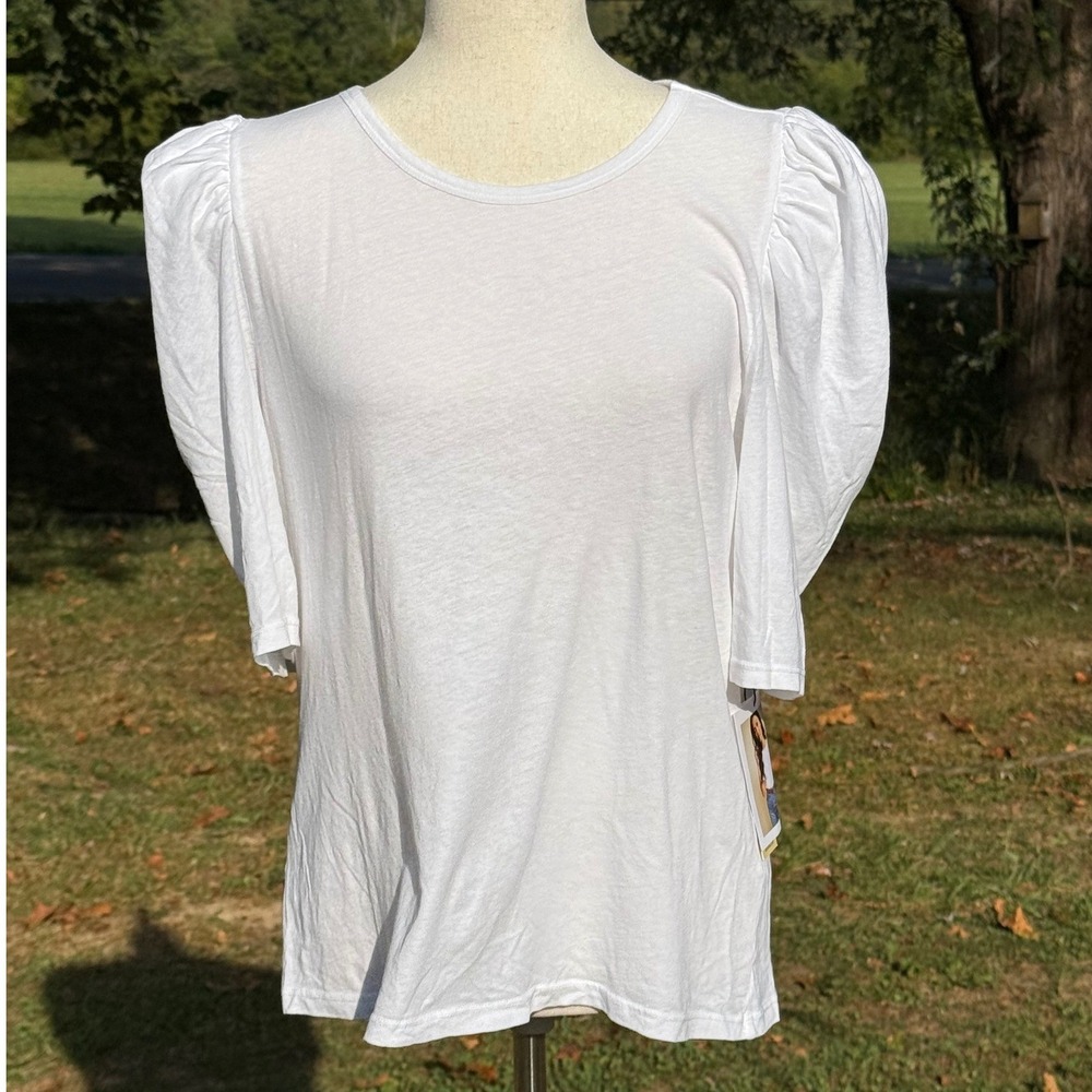 Nation LTD White Puff Sleeve Pima Cotton Linen Tee Shirt XXL NEW Casual Chic